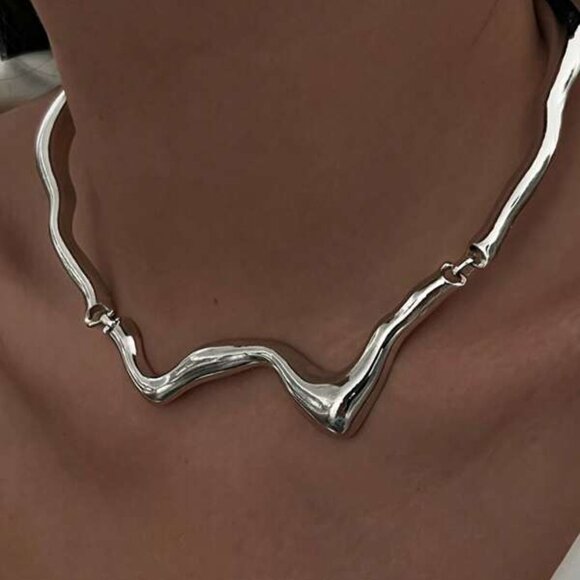 Sterling Silver Plated Sculptural Wave Choker Necklace - Picture 2 of 3